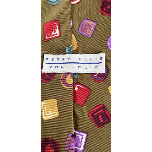 Vtg 1970's Perry Ellis Portfolio All Silk Tie Abstract Geometric Green Purples - Picture 4 of 6